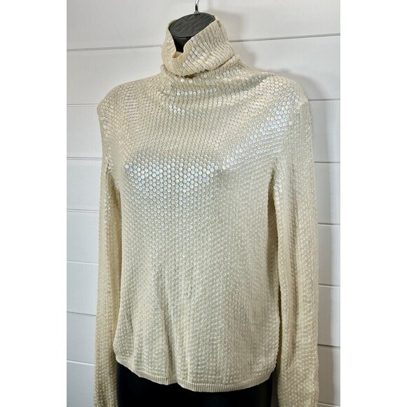 ports 1961 Womens Sweater Small Cream Sequin Turtleneck Glam Mob Wife * Flaw - Picture 1 of 13